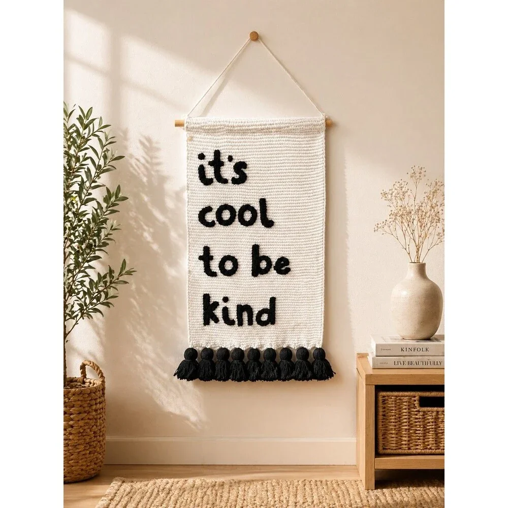 Boho Wall Hanging Tapestry “It’s Cool To Be Kind” Woven Decor
